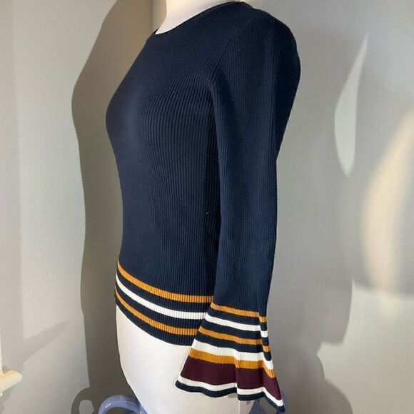 Marled Bell Sleeve Ribbed Contrast Sweater, M, Navy - Picture 10 of 14